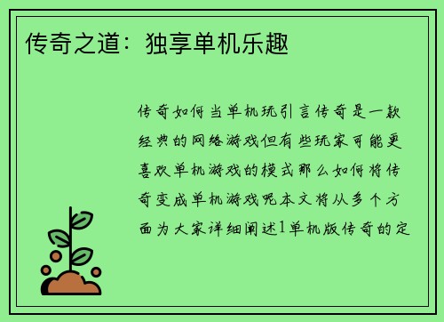 传奇之道：独享单机乐趣